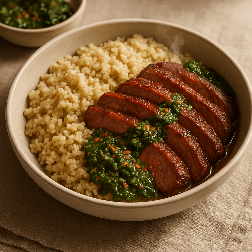 Argentinian Broiled Beef Tri-Tip Bowl with Chimichurri and Creamy Quinoa — High Protein recipe, editorial food photography