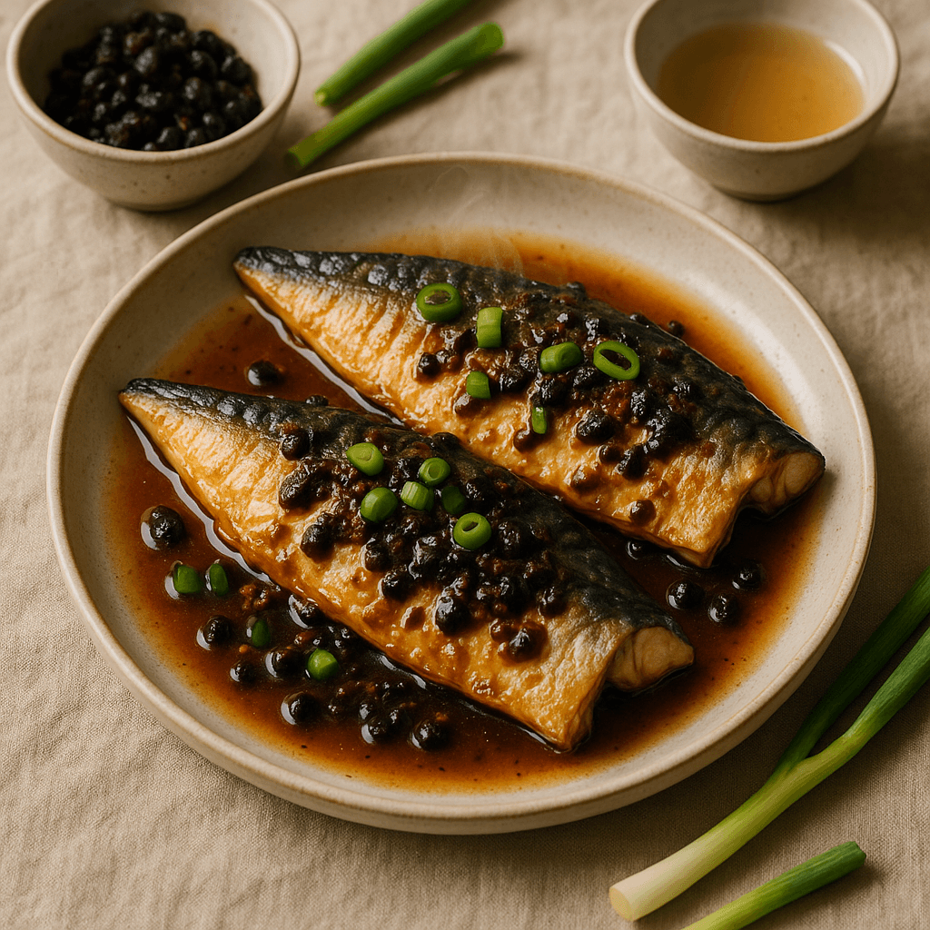 Baked Cantonese-Style Mackerel with Tangy Fermented Black Bean Sauce — Quick Meals recipe, editorial food photography
