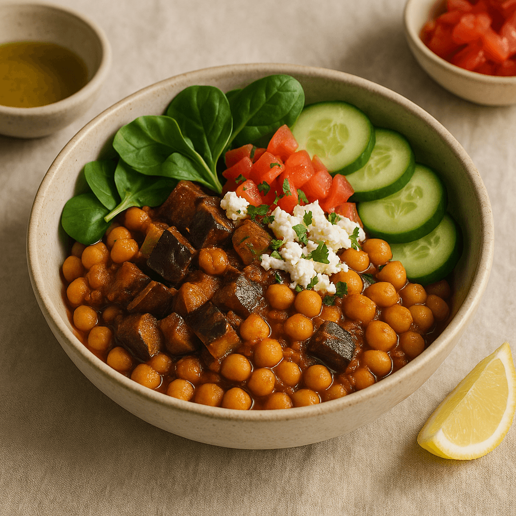 Braised Chickpeas with Spiced Eggplant and Feta Greek Bowl — Vegetarian recipe, editorial food photography