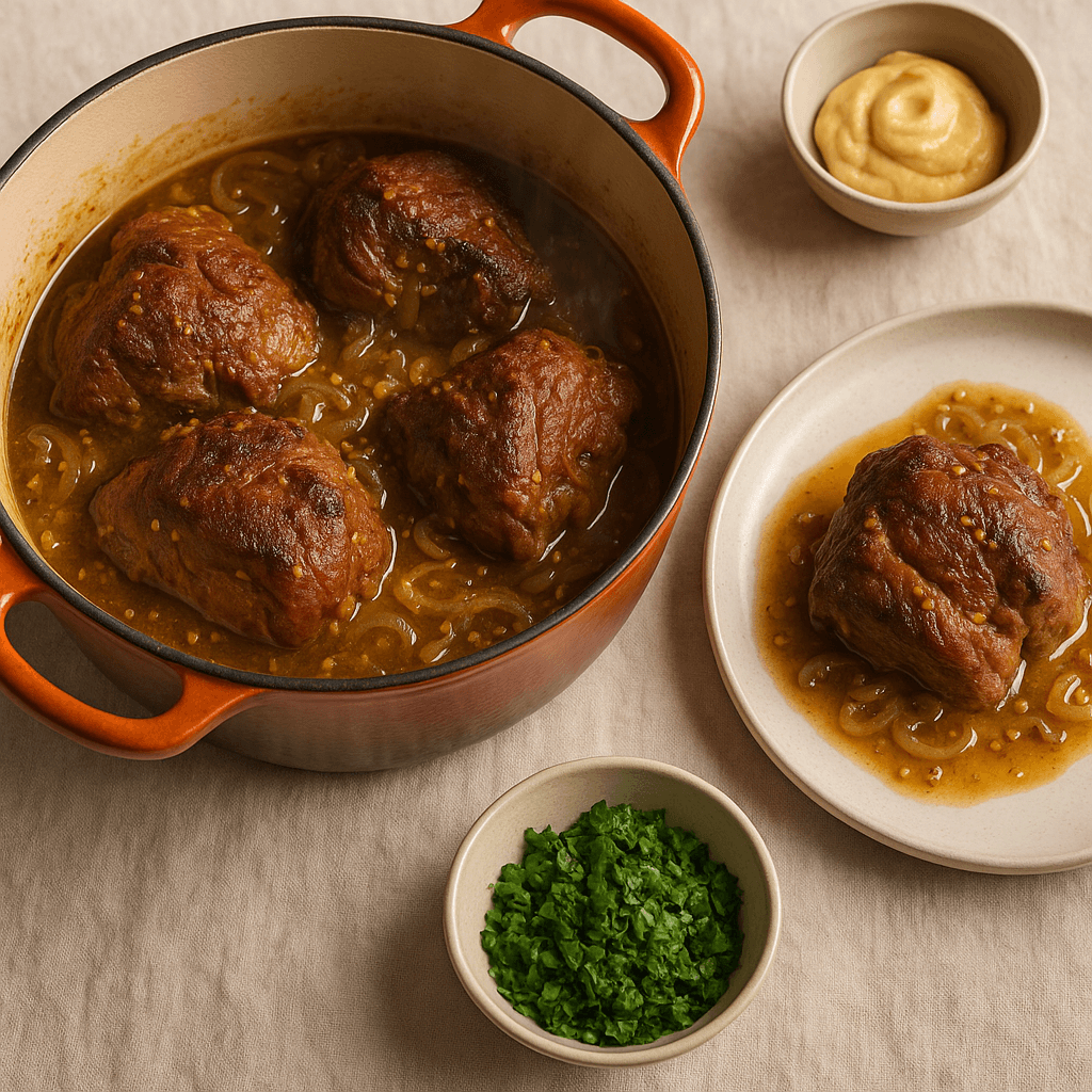 Braised Lamb Shoulder with Honey & Mustard in Dutch Oven — Budget recipe, editorial food photography