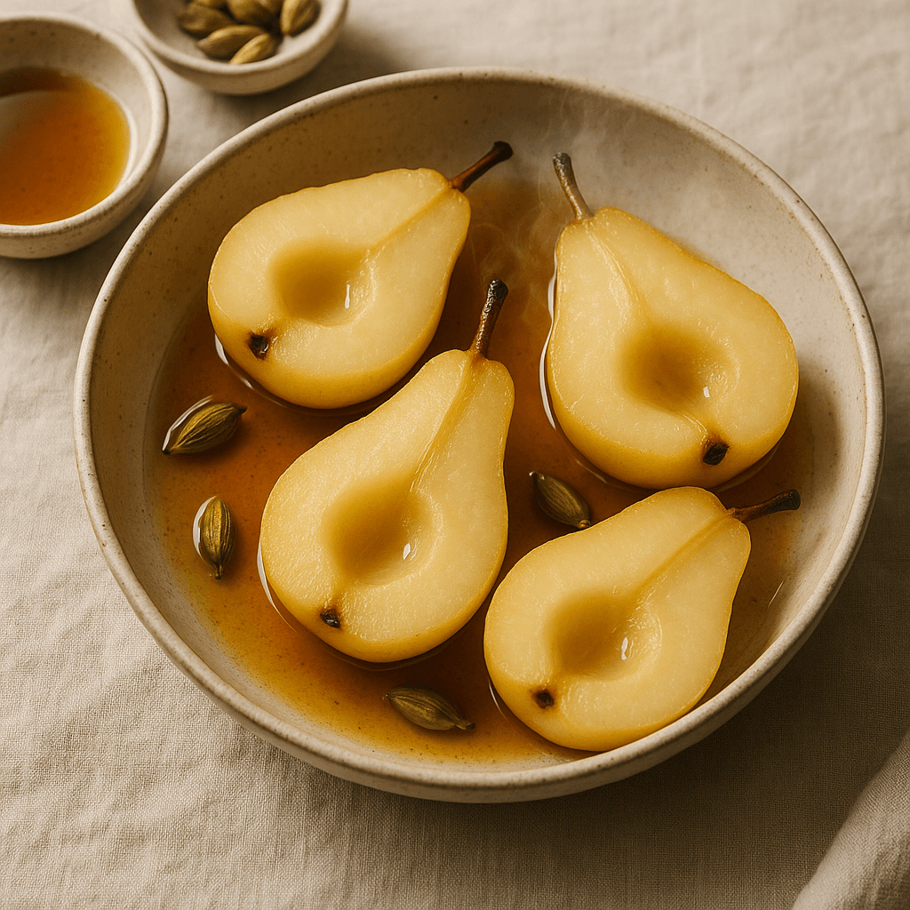 Braised Pears with Orange Blossom and Cardamom Syrup — Desserts recipe, editorial food photography