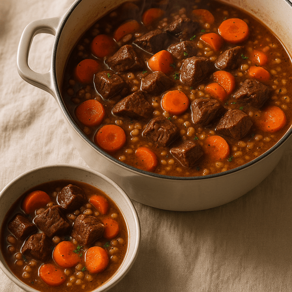 Braised Venison with Root Vegetables and Barley in a Dutch Oven — Dinner recipe cover