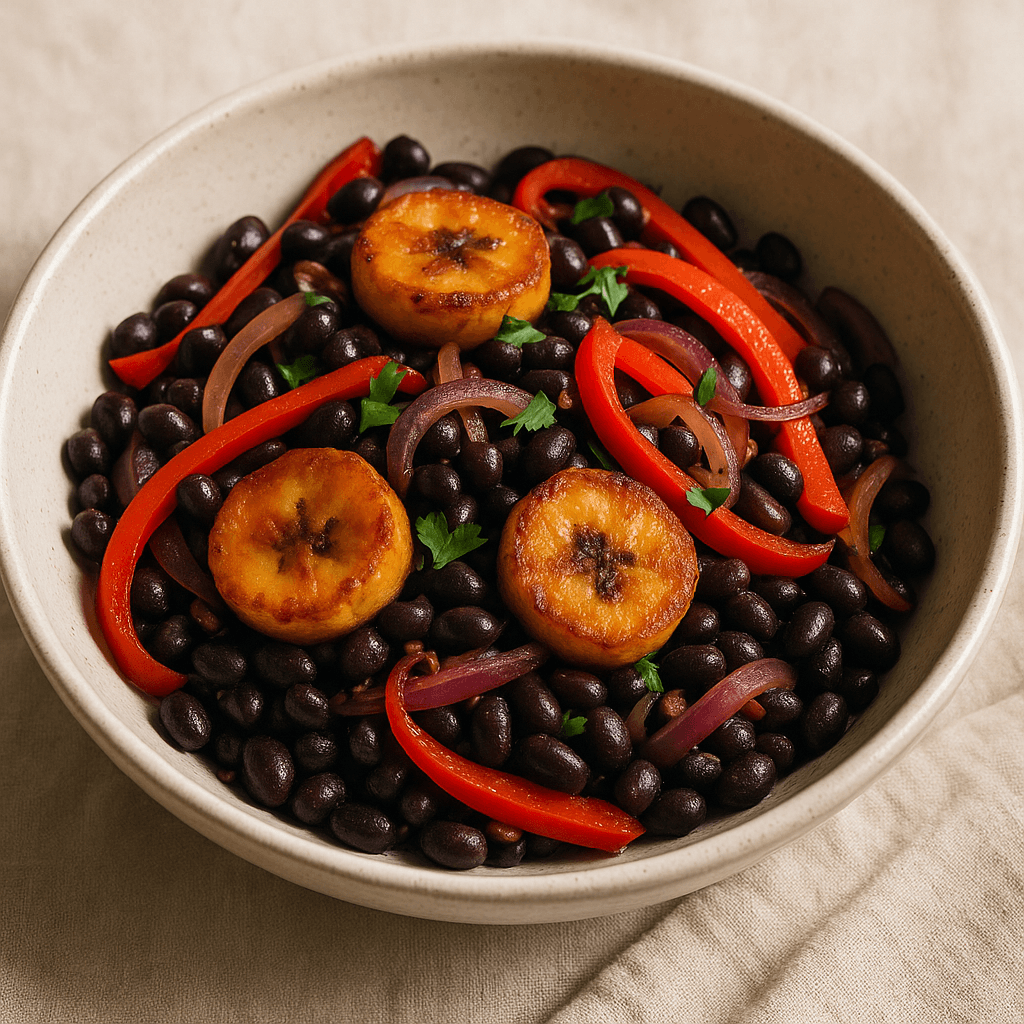 Brazilian Sweet Plantain and Black Bean Stir-Fry — Vegetarian recipe, editorial food photography
