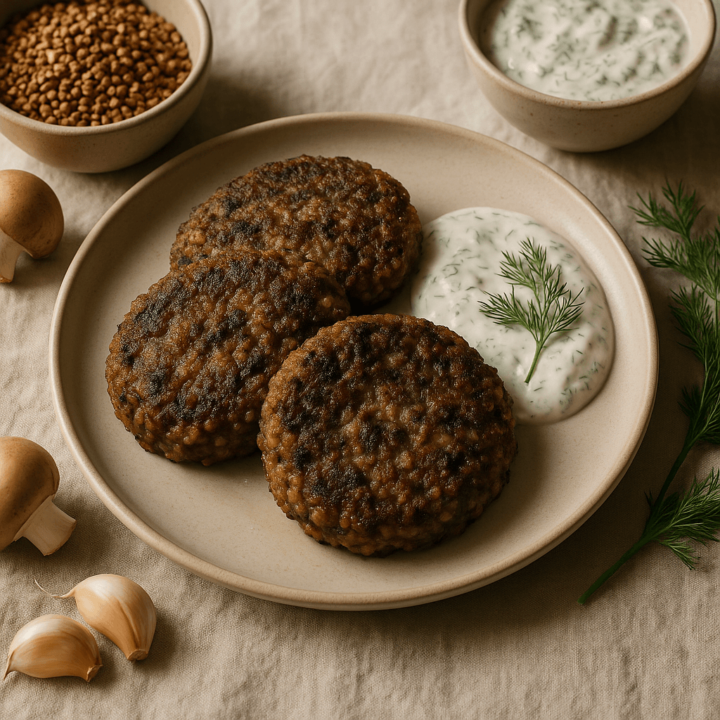 Broiled Buckwheat and Mushroom Patties with Dill Yogurt Sauce — Family Meals recipe, editorial food photography
