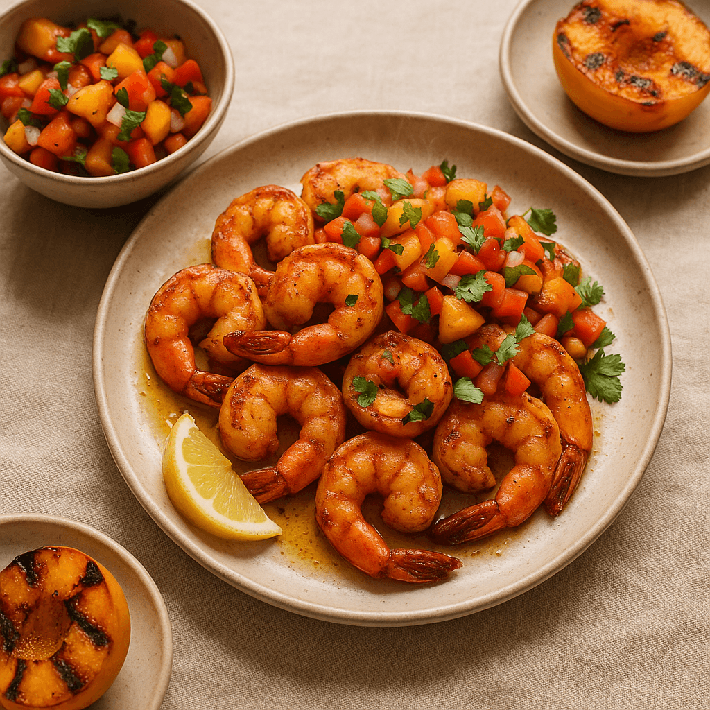 Broiled Cajun-Spiced Shrimp with Charred Peach Salsa — Seasonal recipe, editorial food photography
