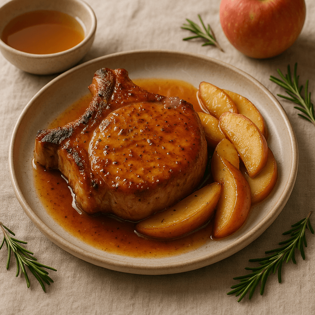 Broiled Pork Chops with Spiced Apple-Cider Glaze — Family Meals recipe, editorial food photography