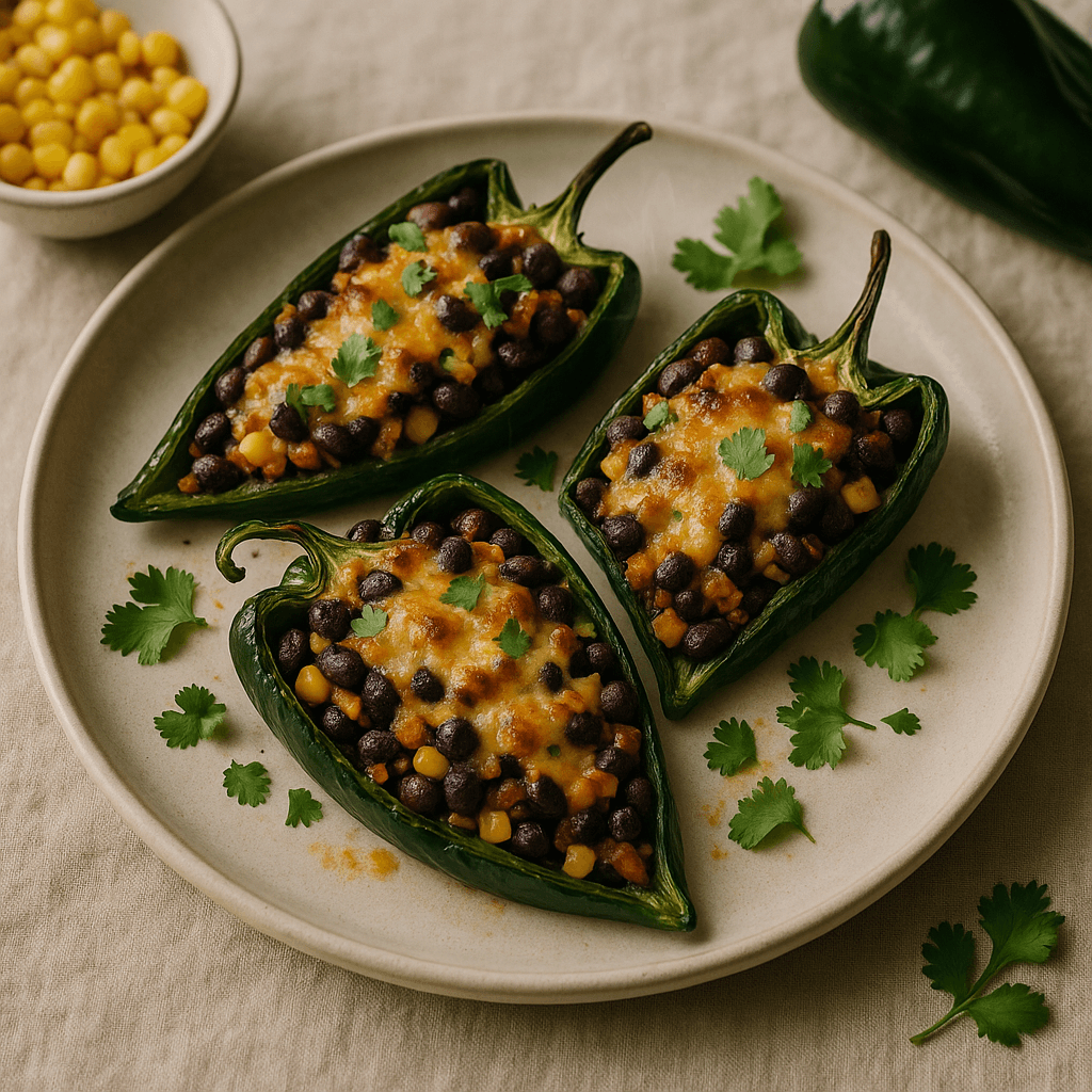 Broiled Tex-Mex Stuffed Poblano Peppers with Black Beans and Corn — Vegetarian recipe, editorial food photography