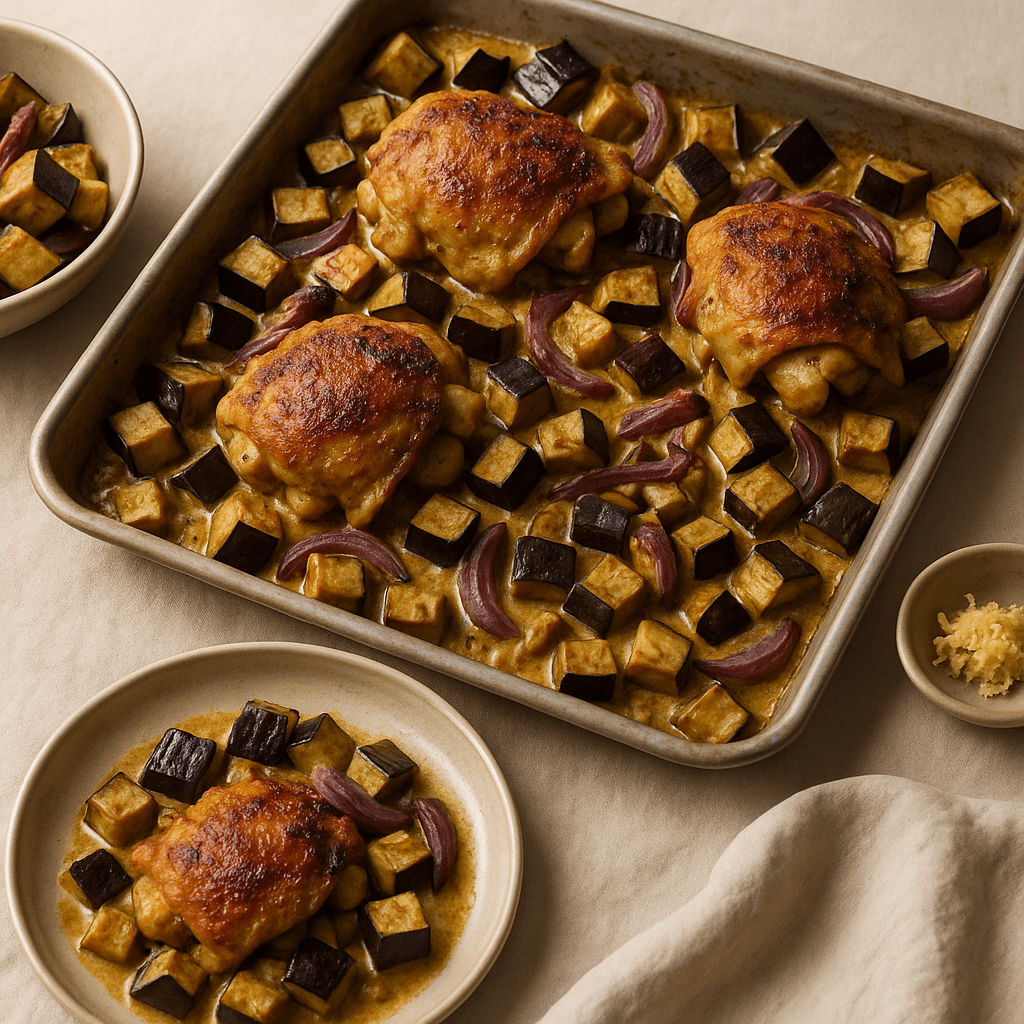 Broiled West African-Spiced Creamy Eggplant and Chicken Sheet Pan — Family Meals recipe, editorial food photography