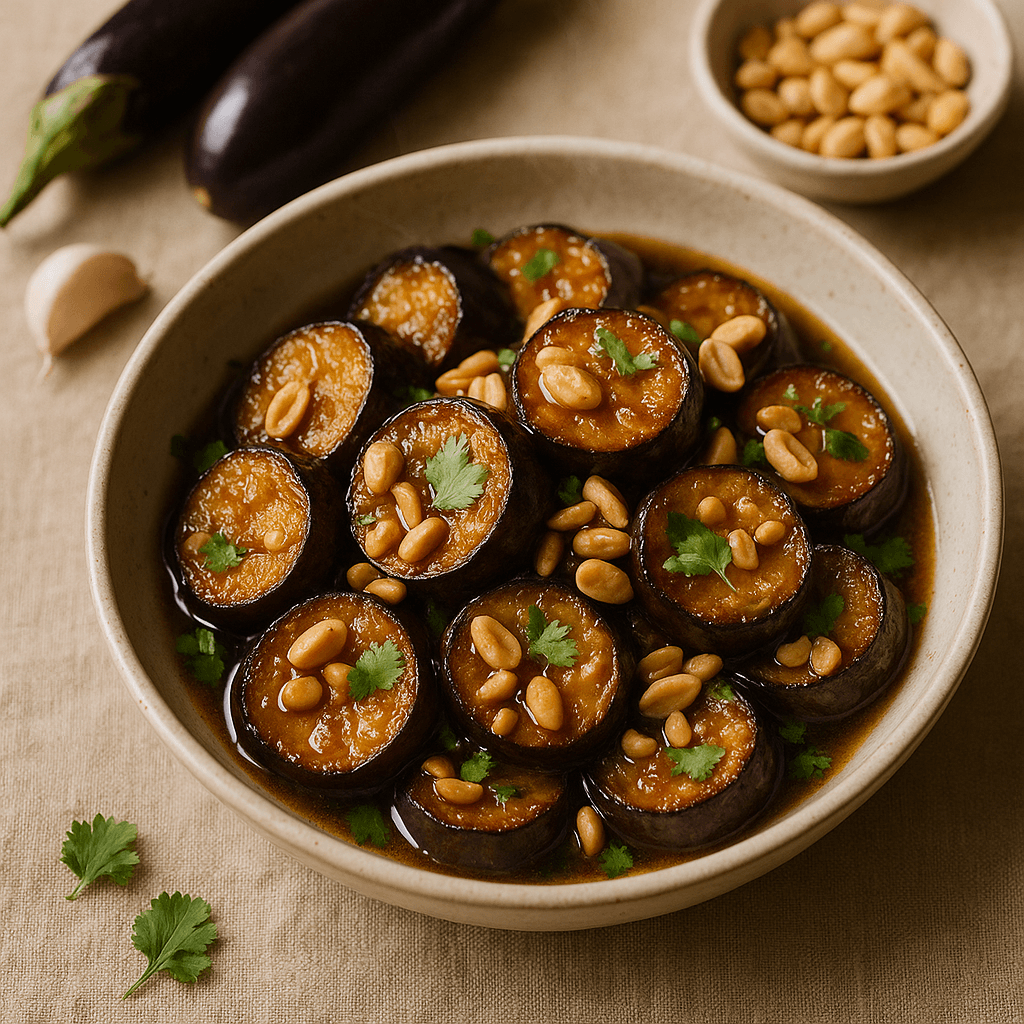 Butter-Braised Eggplant with Garlic and Toasted Peanuts — Vegetarian recipe, editorial food photography