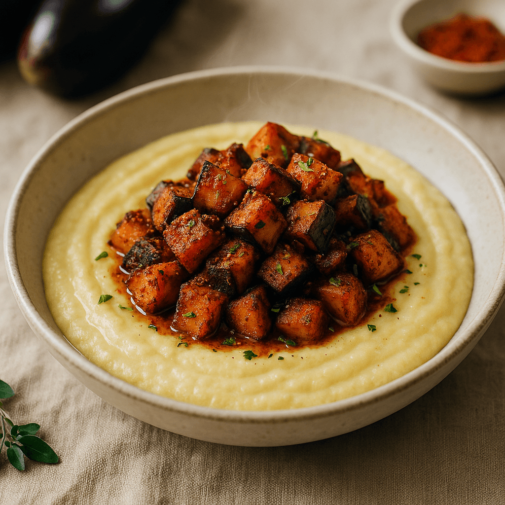Cajun-Spiced Eggplant Confit with Creamy Coconut Polenta — Vegan recipe, editorial food photography