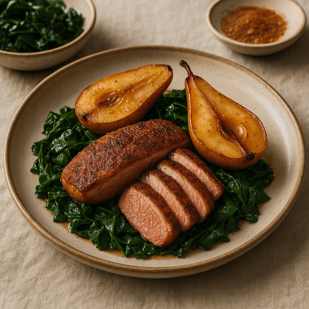 Cajun-Spiced Skillet Duck with Roasted Winter Pears and Collard Greens — Seasonal recipe, editorial food photography