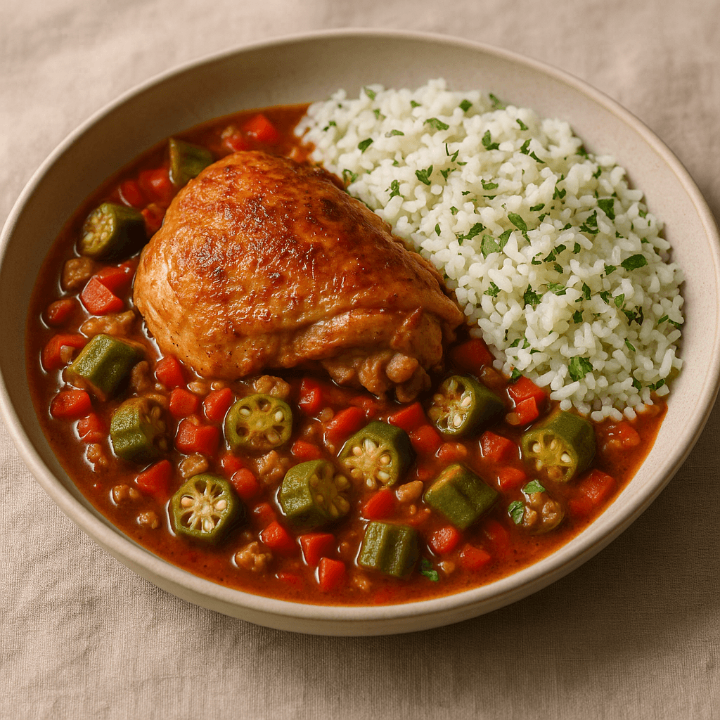 Cajun-Spiced Turkey and Okra Stew with Herbed Jasmine Rice — Dinner recipe, editorial food photography