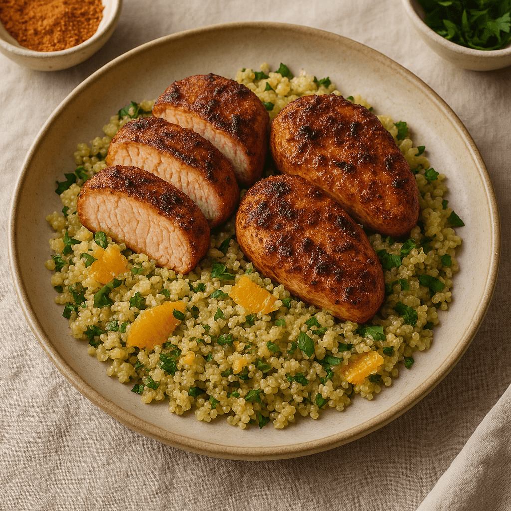 Cajun-Spiced Turkey Tenderloin with Citrus Herb Quinoa — High Protein recipe, editorial food photography