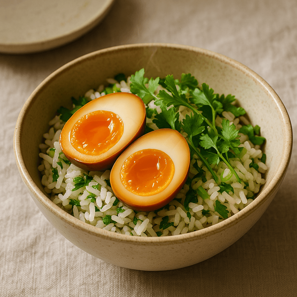 Cantonese Soy-Pickled Egg & Herb Rice Bowl — Breakfast recipe, editorial food photography