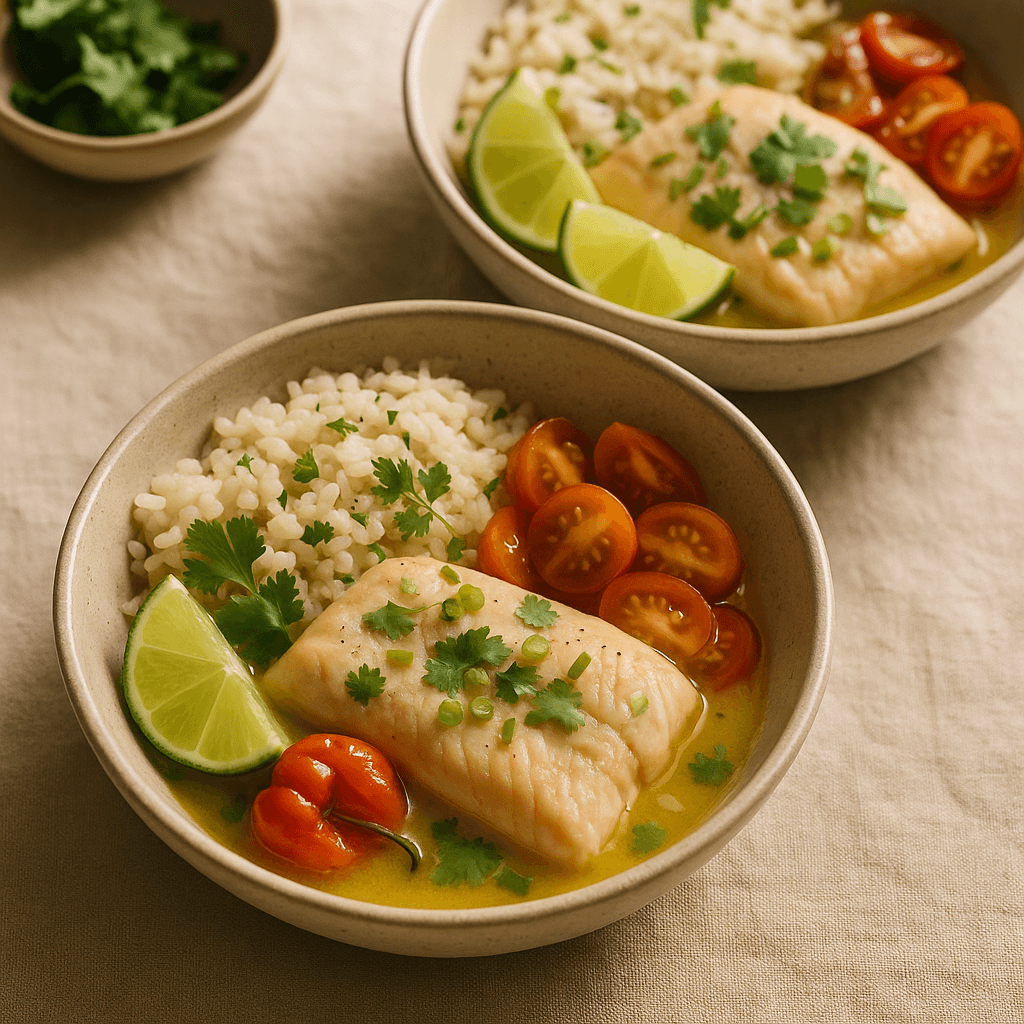 Caribbean Poached Snapper Bowls with Coconut-Lime Rice — Family Meals recipe, editorial food photography