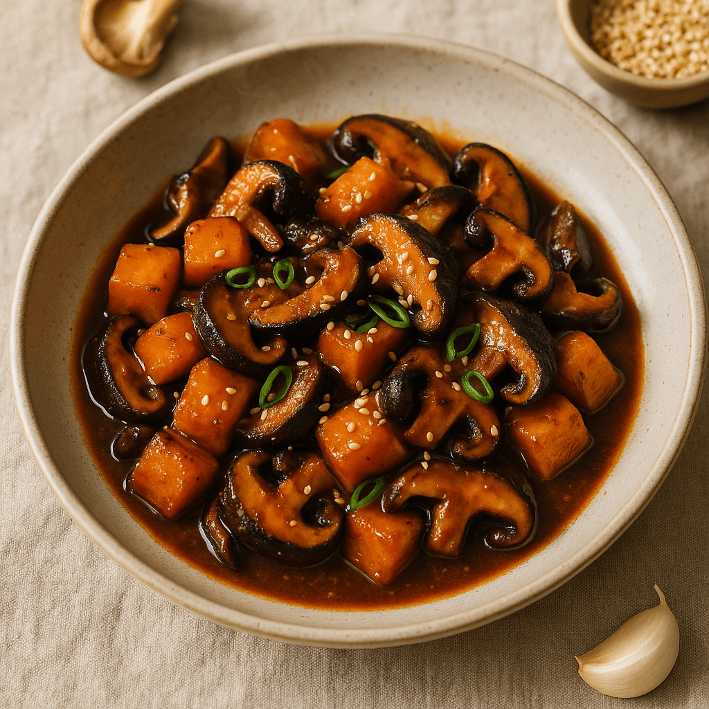 Charred Korean Pumpkin and Shiitake Stir-Fry with Smoky Gochujang Sauce — Seasonal recipe, editorial food photography