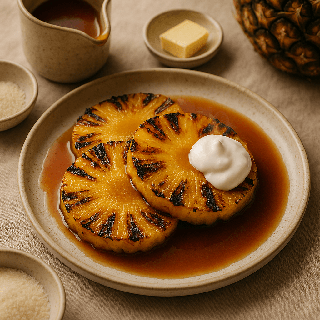 Charred Pineapple with Coconut Rum Caramel Sauce — Desserts recipe, editorial food photography