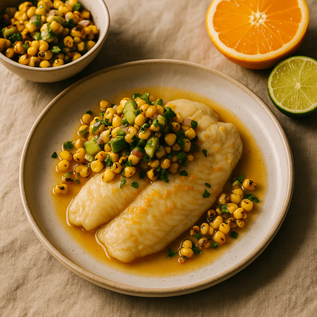 Citrus-Poached Tilapia with Charred Corn and Avocado Salsa — Dinner recipe cover