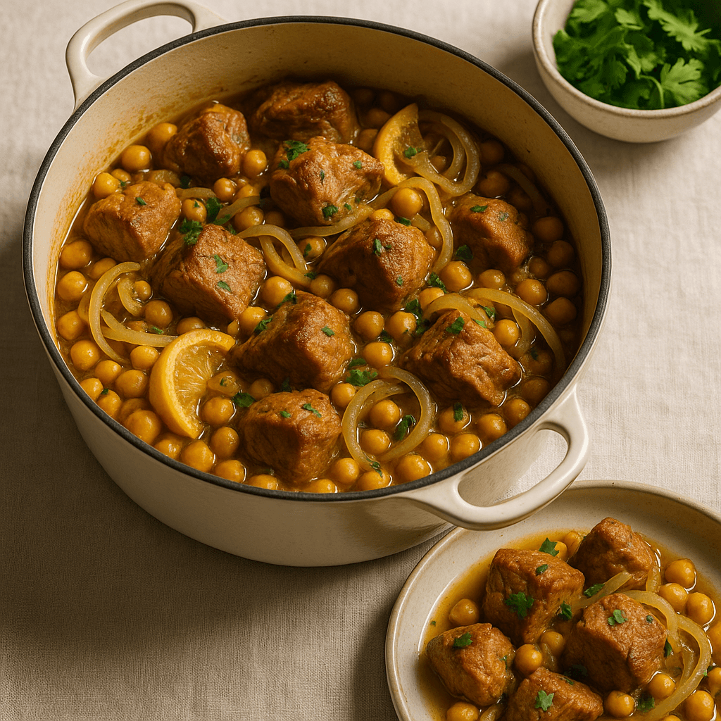 Citrus-Spiced Pork Shoulder with Chickpeas and Preserved Lemon in a Dutch Oven — Dinner recipe, editorial food photography