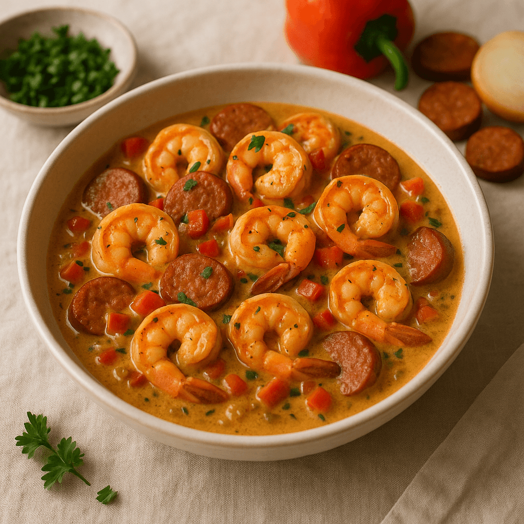 Creamy Cajun Shrimp and Andouille Skillet — Quick Meals recipe, editorial food photography