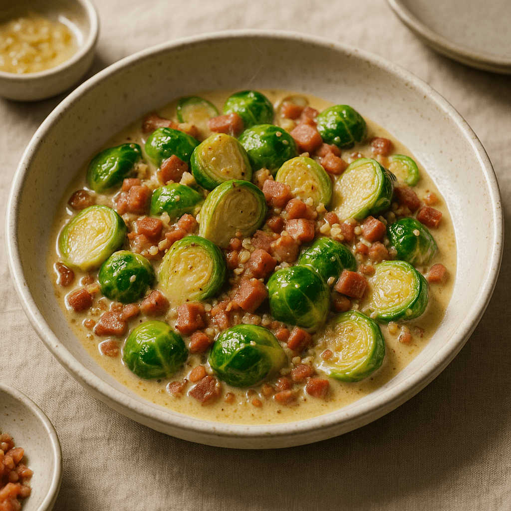 Creamy Italian Autumn Stir-Fry with Pancetta and Brussels Sprouts — Seasonal recipe, editorial food photography