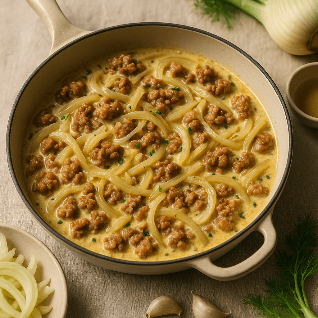 Creamy Italian Sausage and Caramelized Fennel Skillet — Family Meals recipe, editorial food photography