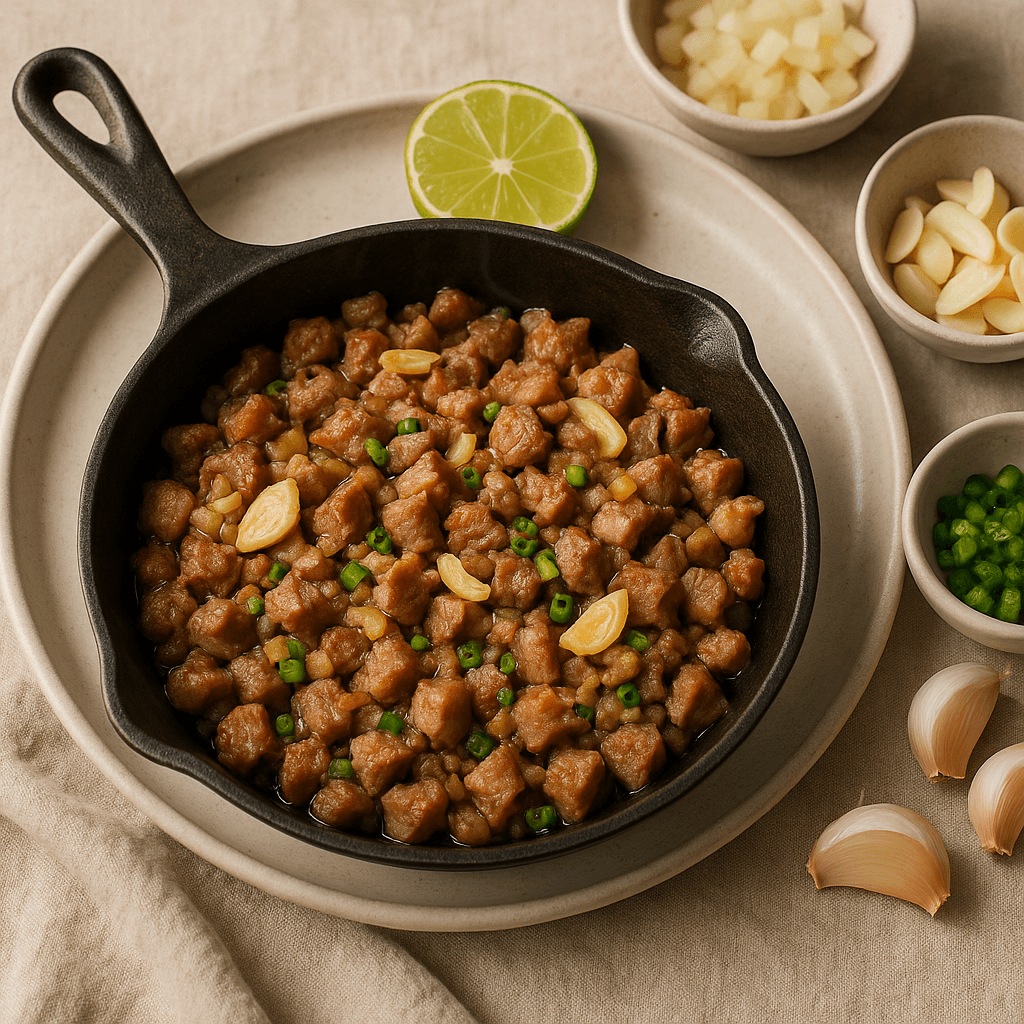 Garlic Butter Pork Sisig Skillet — Quick Meals recipe, editorial food photography