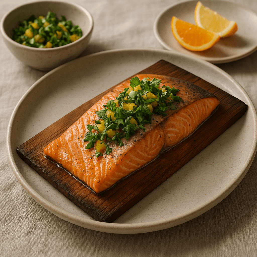 Grilled Cedar-Planked Steelhead with Herb Citrus Relish — Dinner recipe, editorial food photography