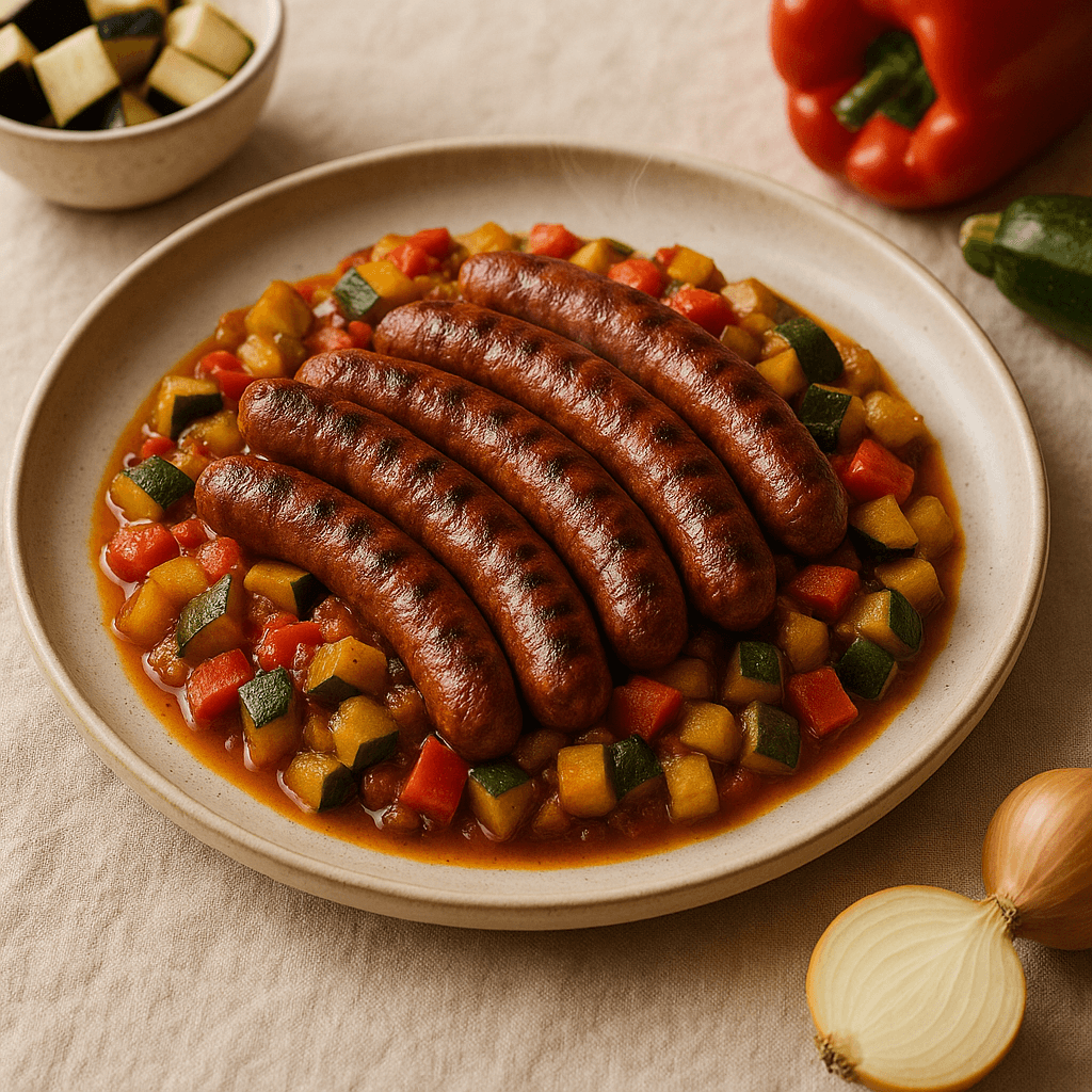 Grilled Merguez Sausage with Spiced Ratatouille — Lunch recipe, editorial food photography