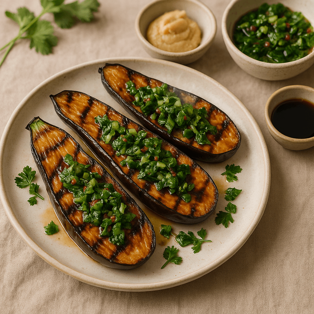 Grilled Miso-Glazed Eggplant with Fresh Herb Salsa — Quick Meals recipe, editorial food photography