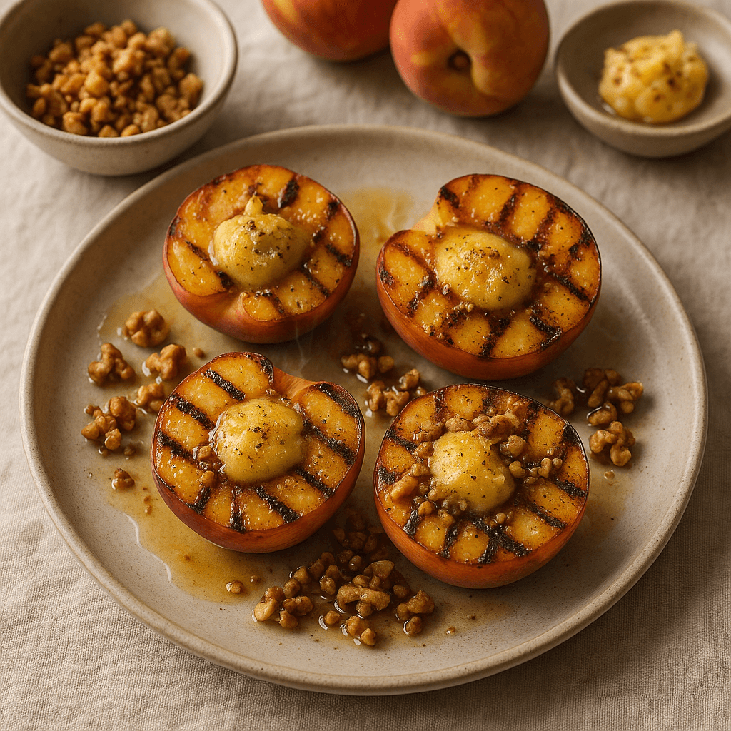 Grilled Sichuan Buttered Peaches with Toasted Walnuts — Desserts recipe, editorial food photography