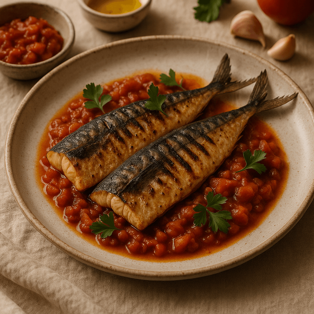 Grilled Spanish Mackerel with Smoky Tomato-Paprika Sauce — Dinner recipe, editorial food photography