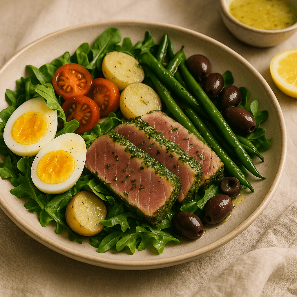 Herb-Marinated Tuna Niçoise Salad with Lemon Vinaigrette — Lunch recipe, editorial food photography