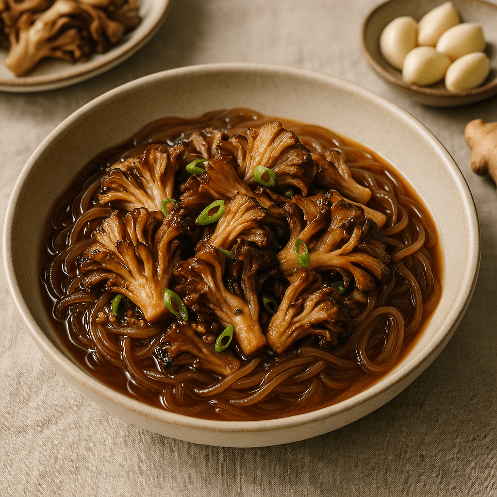 Korean-Inspired Braised Maitake Mushrooms with Sweet Potato Noodles — Seasonal recipe, editorial food photography