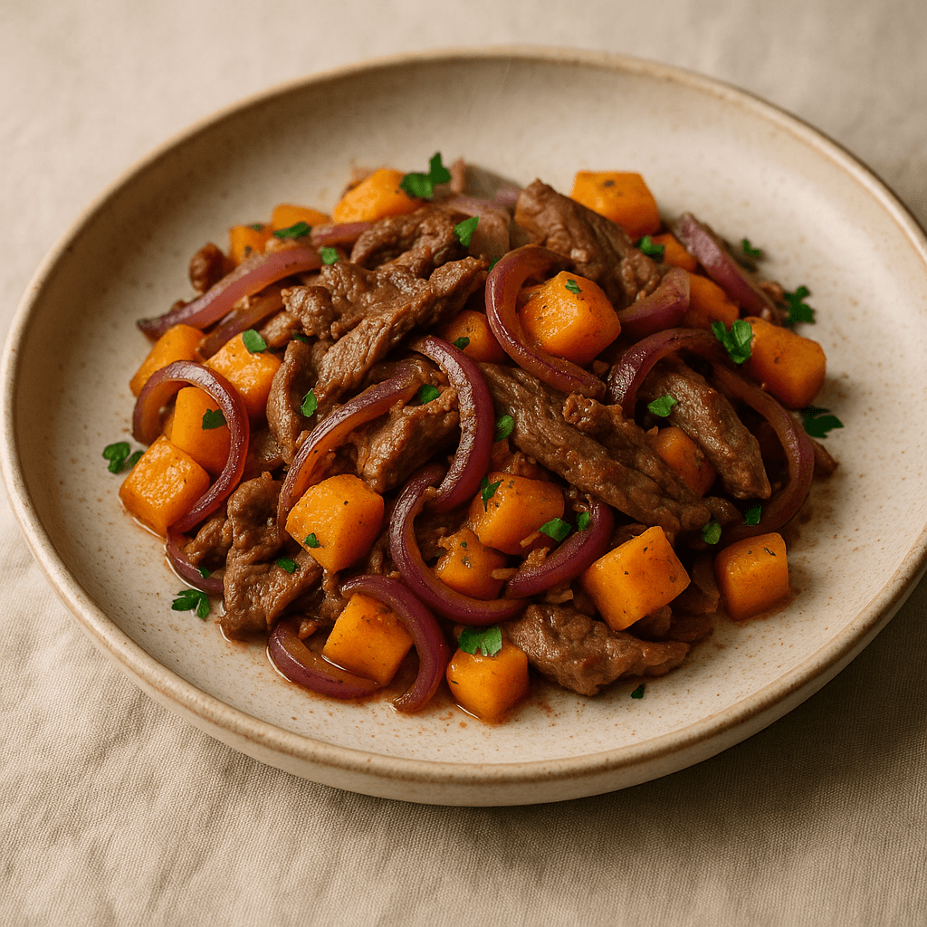 Lebanese-Spiced Lamb Stir-Fry with Autumn Vegetables — Seasonal recipe, editorial food photography