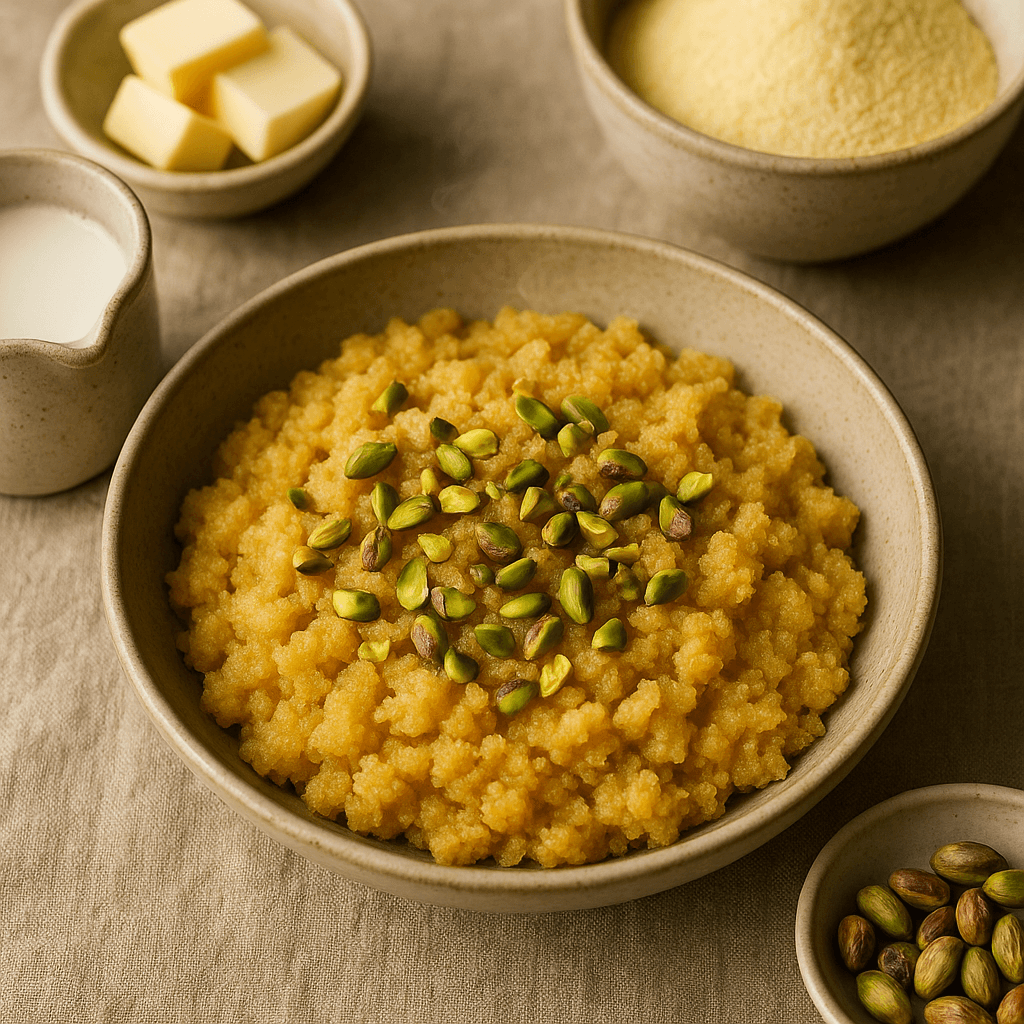 Lebanese Stir-Fried Semolina Pudding with Rosewater and Pistachios — Desserts recipe, editorial food photography