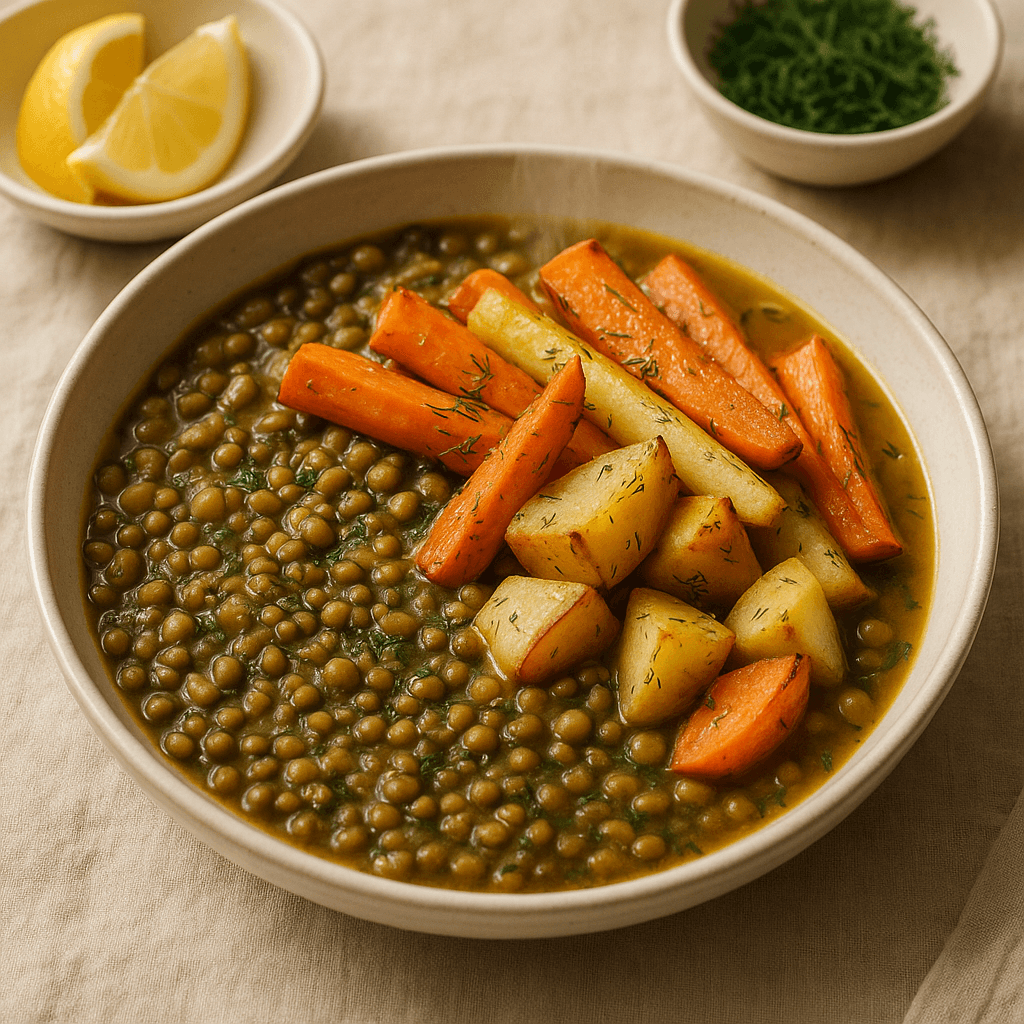 Lemon-Dill Lentil Stew with Roasted Root Vegetables — Vegan recipe, editorial food photography