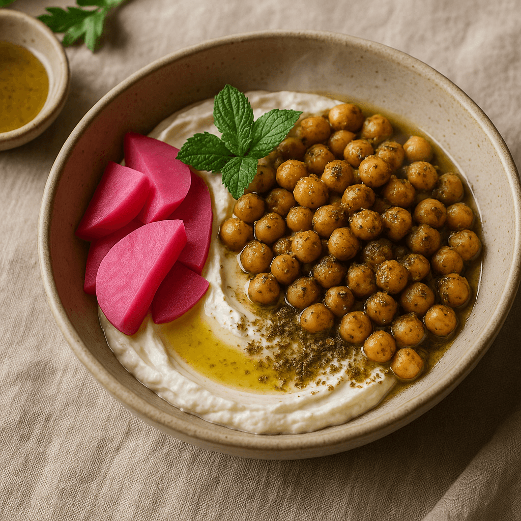 Levantine Labneh Bowl with Pickled Turnips and Za'atar Chickpeas — Vegetarian recipe, editorial food photography