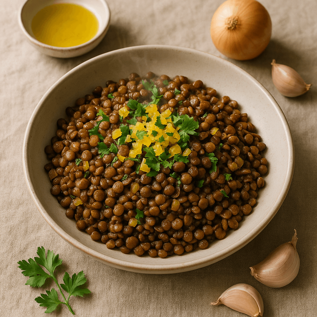 Levantine-Spiced Stir-Fried Lentils with Zesty Preserved Lemon — Lunch recipe, editorial food photography