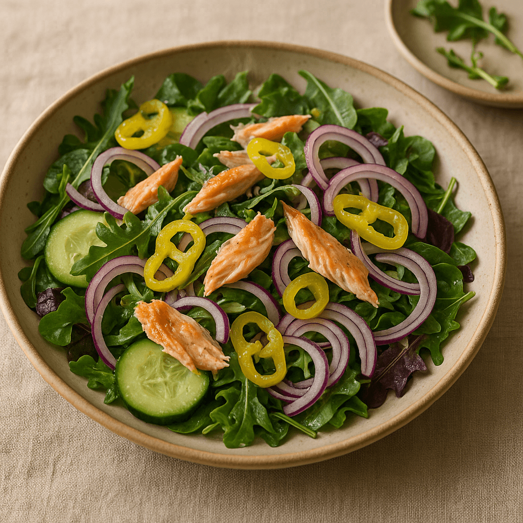 Midwestern Citrus-Dressed Smoked Trout Salad with Pickled Peppers — Lunch recipe, editorial food photography