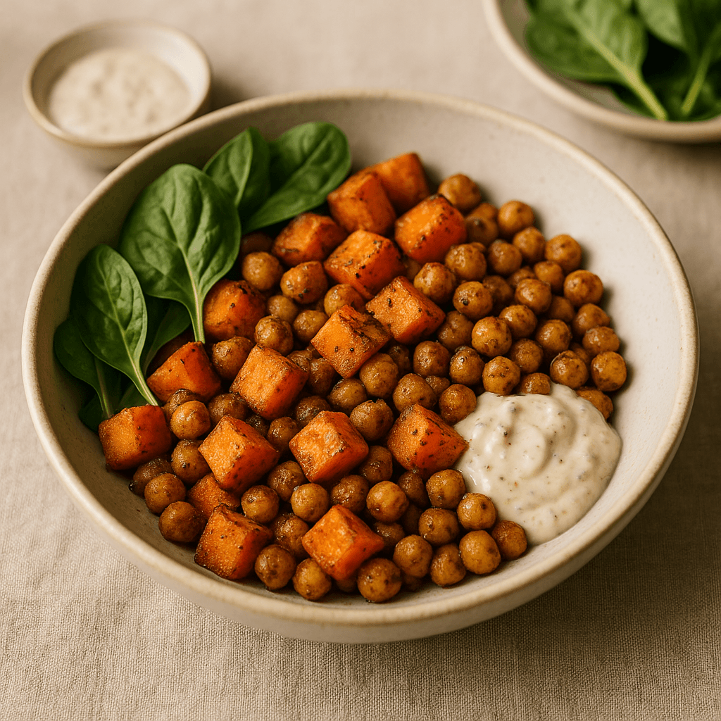Moroccan-Spiced Roasted Chickpea and Sweet Potato Bowl — Vegan recipe, editorial food photography