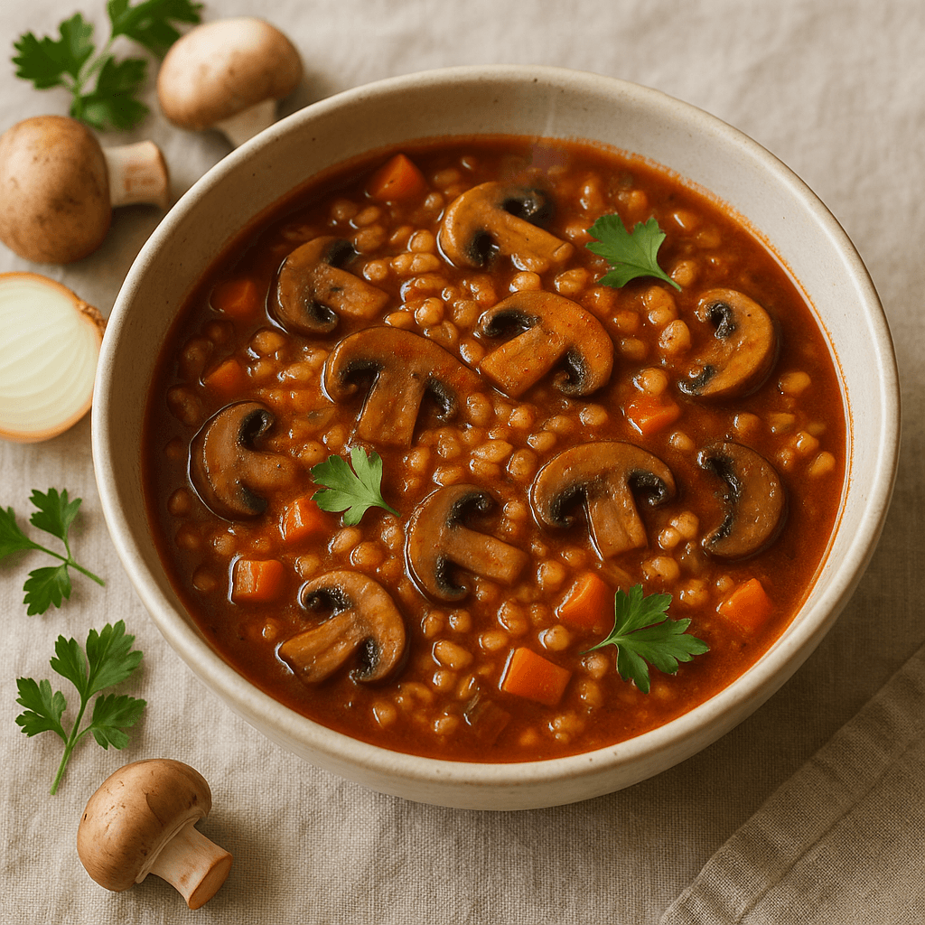 Mushroom and Barley Stew with Smoked Paprika — Vegan recipe, editorial food photography