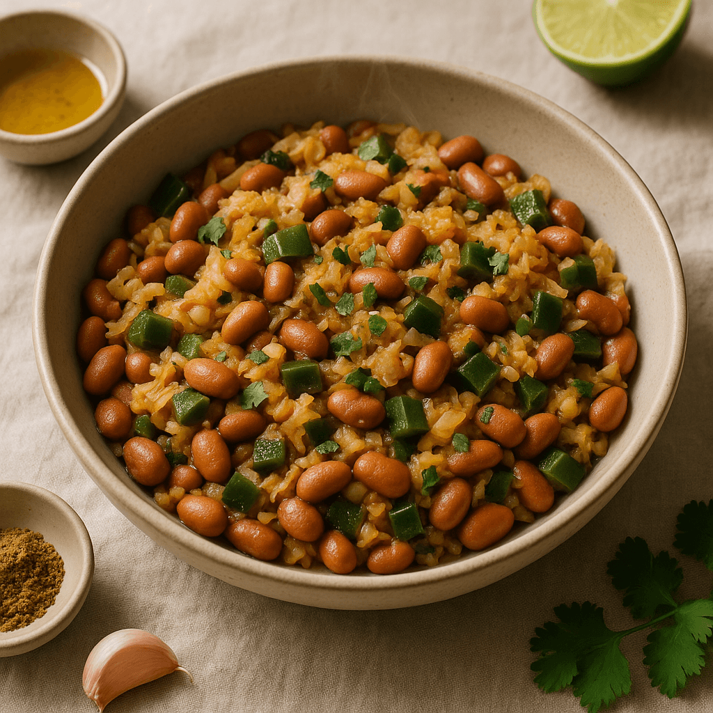 One-Pan Mexican Pinto Bean and Sauerkraut Skillet — Vegetarian recipe, editorial food photography