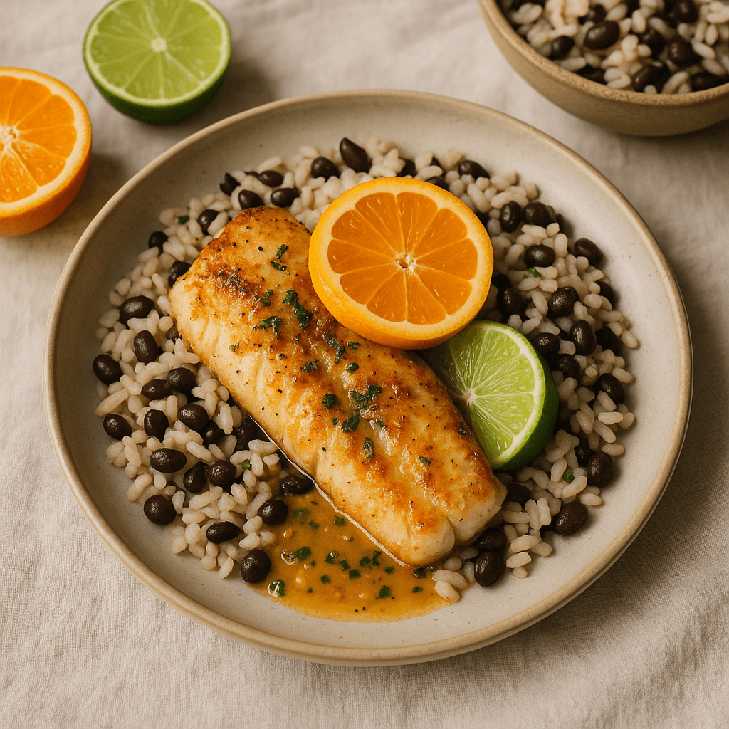 Pan-Seared Brazilian Citrus Fish with Black Bean Rice — Family Meals recipe, editorial food photography