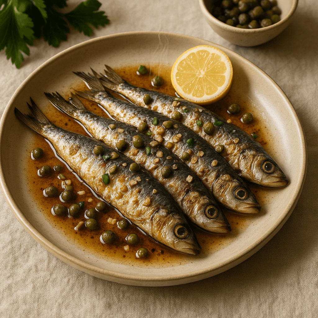 Pan-Seared Italian Sardines with Brown Butter Capers — Budget recipe, editorial food photography