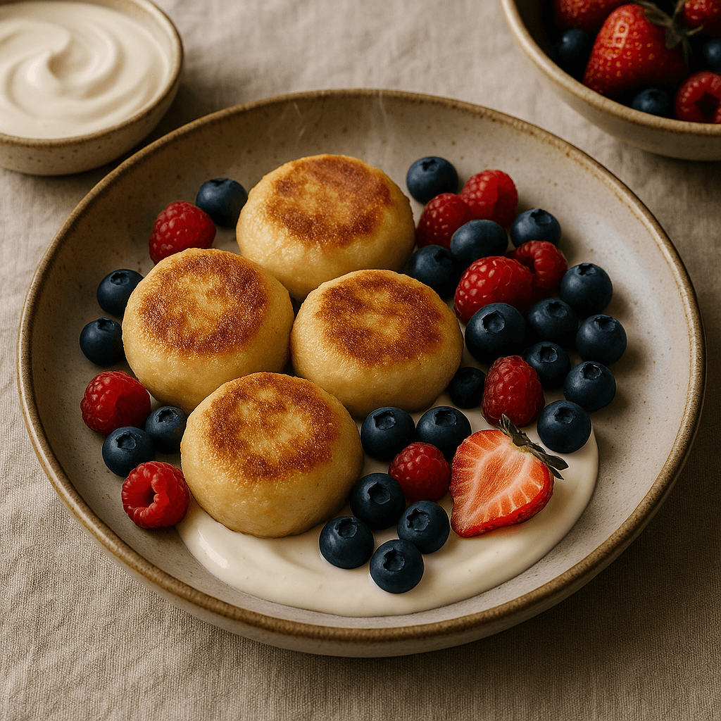 Pan-Seared Semolina Dumplings with Sweetened Sour Cream and Berries — Desserts recipe, editorial food photography