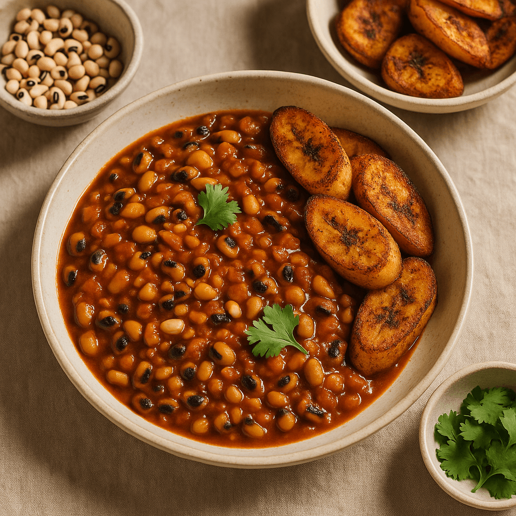 Roasted Black-Eyed Pea and Peanut Stew with Spiced Plantains — High Protein recipe, editorial food photography