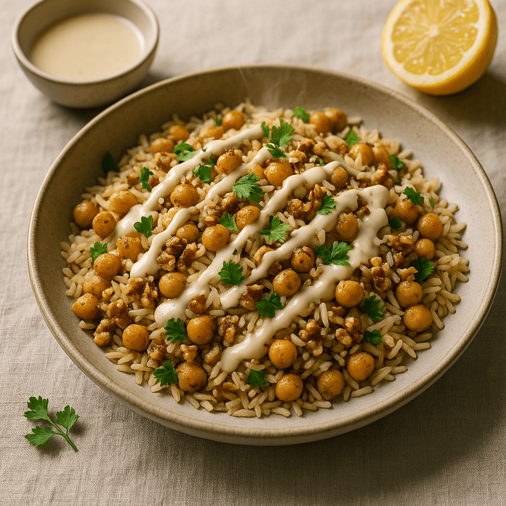 Roasted Chickpea and Walnut Pilaf with Tahini-Lemon Drizzle — Vegetarian recipe, editorial food photography