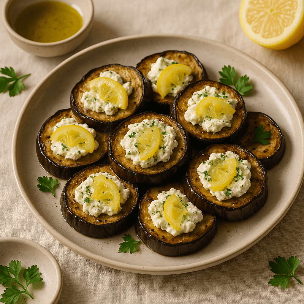 Roasted Eggplant with Herbed Goat Cheese and Lemon Confit — Vegetarian recipe, editorial food photography