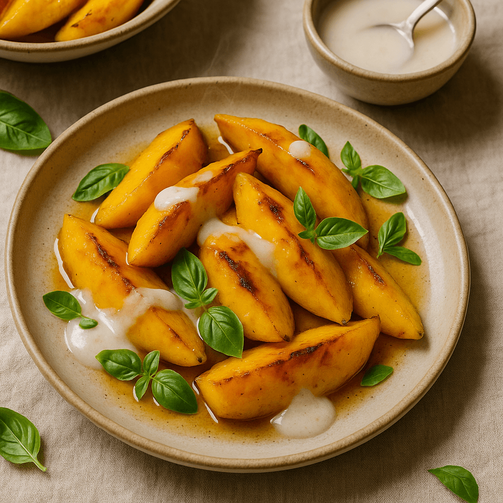 Roasted Mango with Coconut-Honey Drizzle and Basil — Desserts recipe, editorial food photography